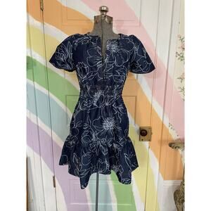 Anthropologie XXS Floral Denim Dress Smocked Waist Tiered Mini Boho